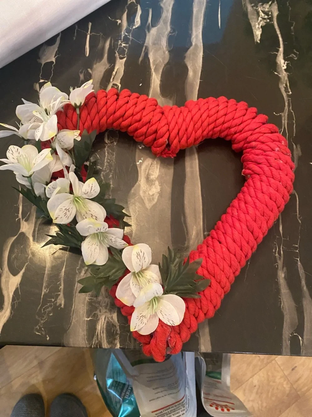 Red Heart-Shaped Holiday Wreath with White Flowers - Home Holiday
